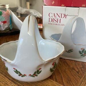 Porcelain Candy Dish with Holly Design